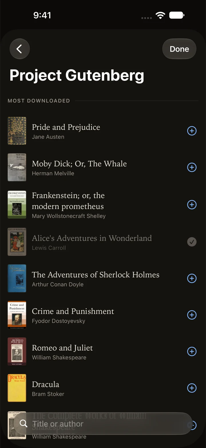 The built-in catalog of classics from Project Gutenberg.